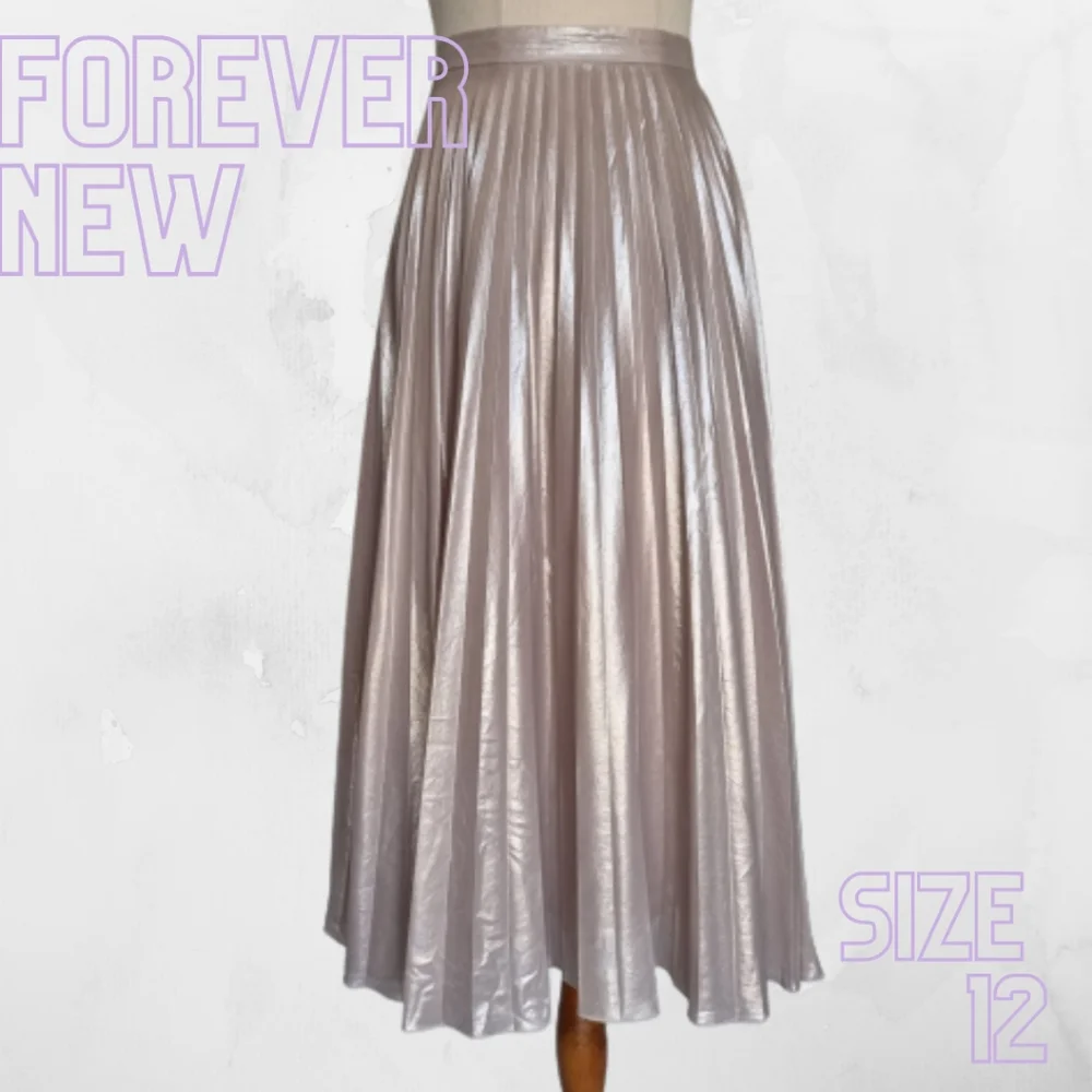 Forever New Metallic Beige Pleated Midi Skirt fits Size 14 - Picture 1 of 9